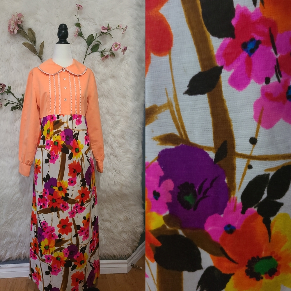 Yes Honey ? - 1970s Floral and Coral Peter Pan Collared Maxi Dress